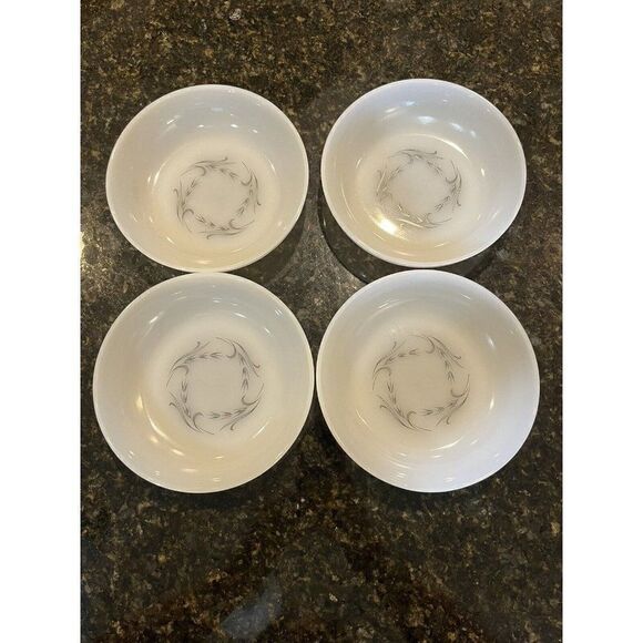 Fire King Small Soup Cereal Bowls Dessert Milk Glass Silver Wheat Set of 4 Oven - Picture 1 of 4
